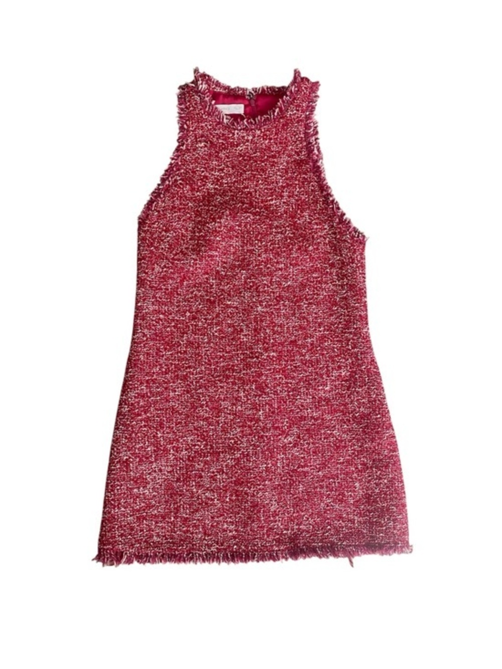 Mango Pink-Red Tweed High-Neck Mini Dress